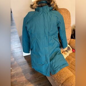 Women’s Teal Winter Coat with Faux Fur Hood with removal hood